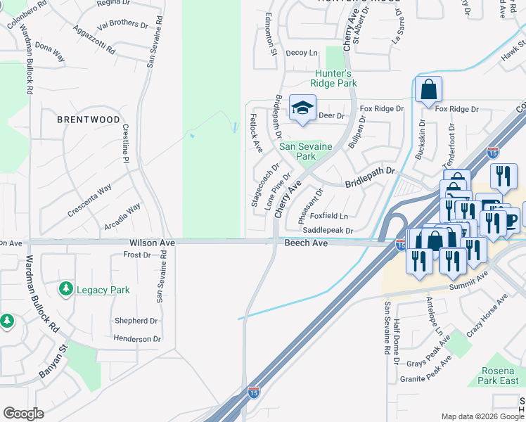 map of restaurants, bars, coffee shops, grocery stores, and more near 14552 Boots Lane in Fontana