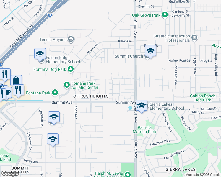 map of restaurants, bars, coffee shops, grocery stores, and more near 5602 Kate Way in Fontana