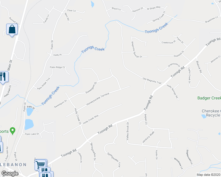 map of restaurants, bars, coffee shops, grocery stores, and more near 327 Honeysuckle Terrace in Woodstock