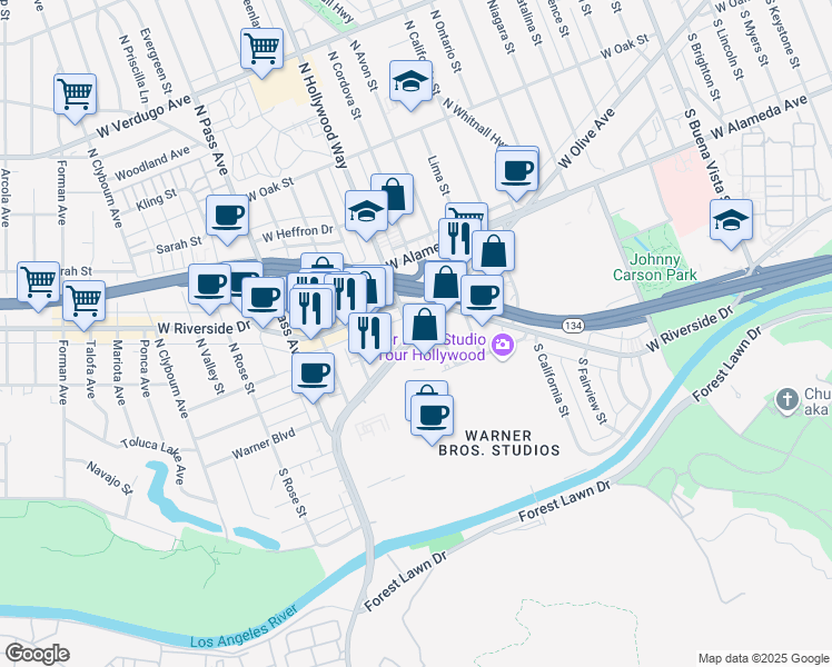 map of restaurants, bars, coffee shops, grocery stores, and more near 100 North Hollywood Way in Burbank