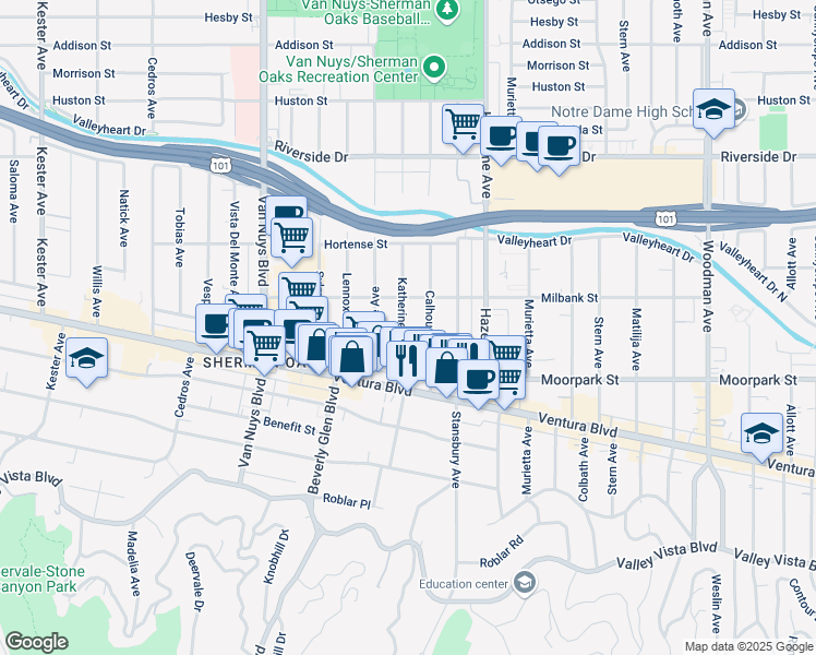 map of restaurants, bars, coffee shops, grocery stores, and more near 4440 Katherine Avenue in Los Angeles