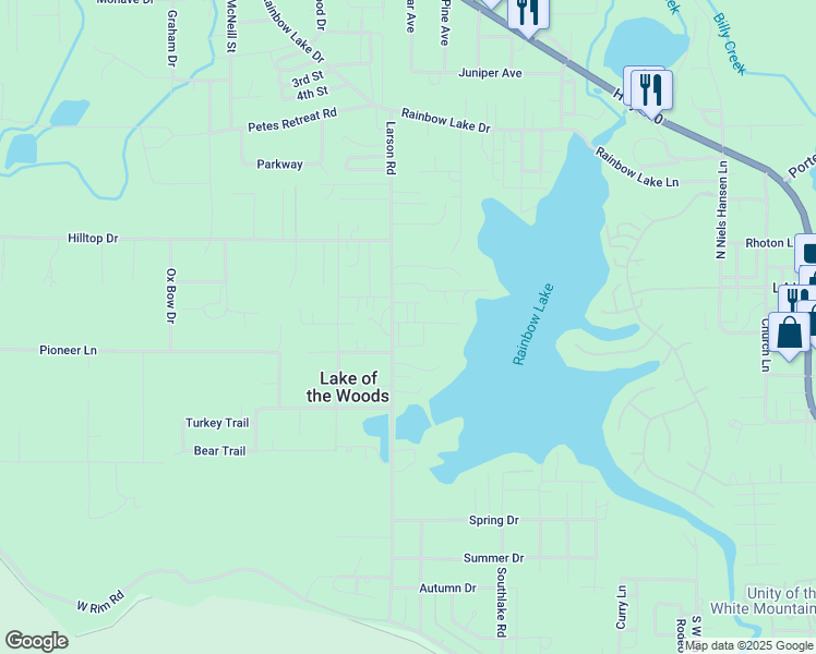 map of restaurants, bars, coffee shops, grocery stores, and more near 1265 Larson Road in Lake of the Woods