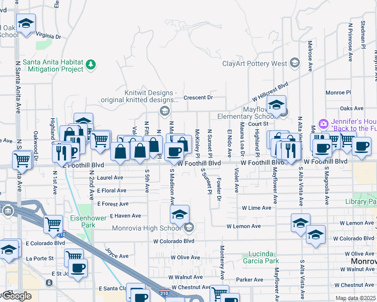 map of restaurants, bars, coffee shops, grocery stores, and more near 122 North Garfield Place in Monrovia