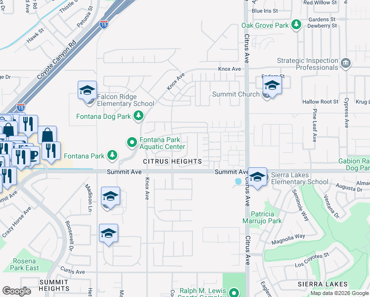 map of restaurants, bars, coffee shops, grocery stores, and more near 5608 Galasso Avenue in Fontana