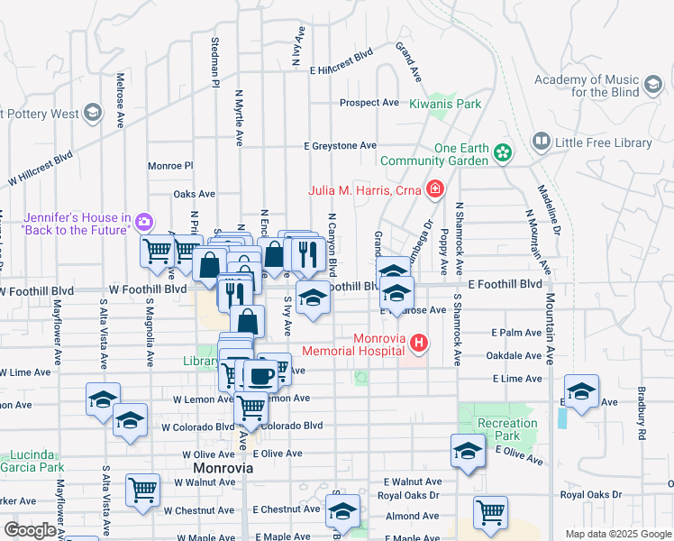 map of restaurants, bars, coffee shops, grocery stores, and more near 116 North Canyon Boulevard in Monrovia