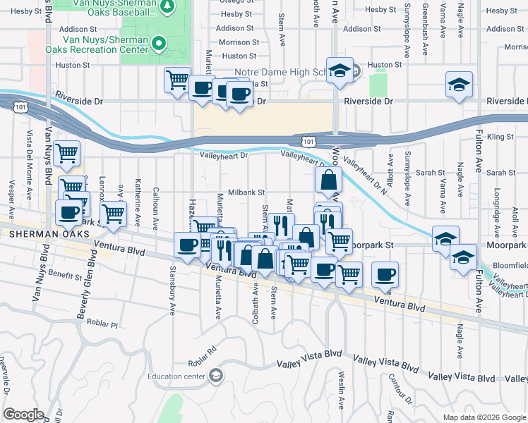 map of restaurants, bars, coffee shops, grocery stores, and more near 4434 Stern Avenue in Los Angeles