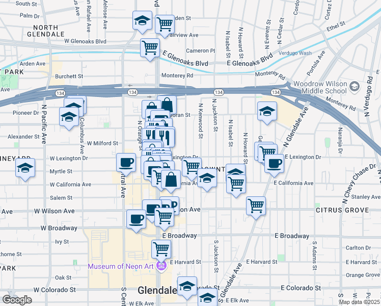 map of restaurants, bars, coffee shops, grocery stores, and more near 400 North Louise Street in Glendale