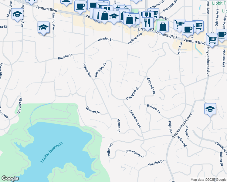 map of restaurants, bars, coffee shops, grocery stores, and more near 17069 Oak View Drive in Los Angeles