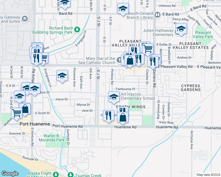 map of restaurants, bars, coffee shops, grocery stores, and more near 5261 Perkins Road in Oxnard