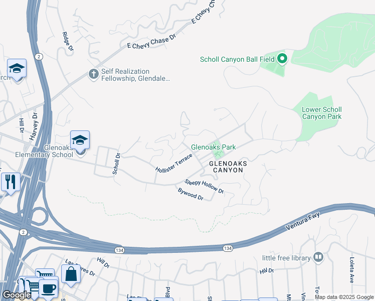 map of restaurants, bars, coffee shops, grocery stores, and more near 443 Edwards Place in Glendale