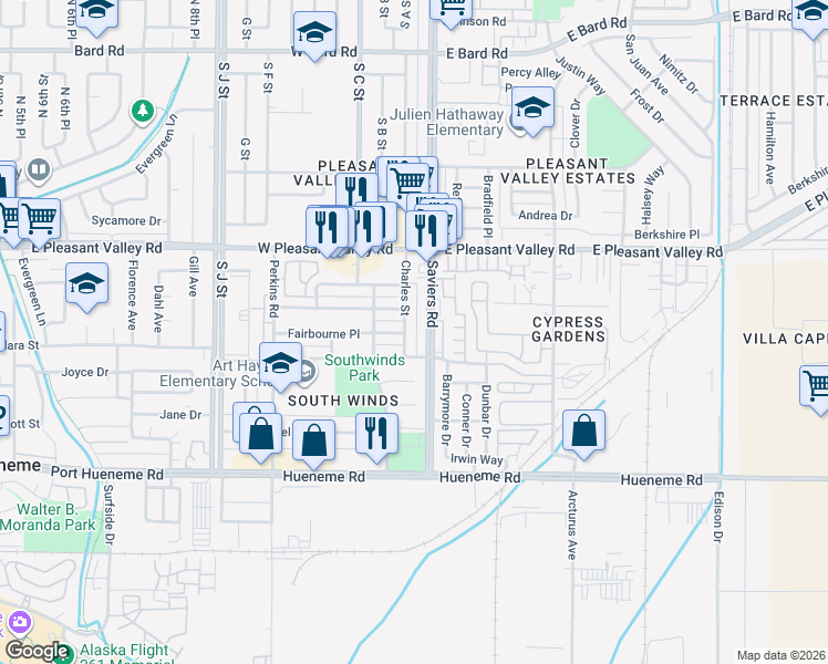 map of restaurants, bars, coffee shops, grocery stores, and more near 5260 Charles Street in Oxnard