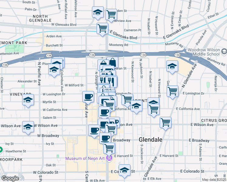 map of restaurants, bars, coffee shops, grocery stores, and more near 166e East Milford Street in Glendale