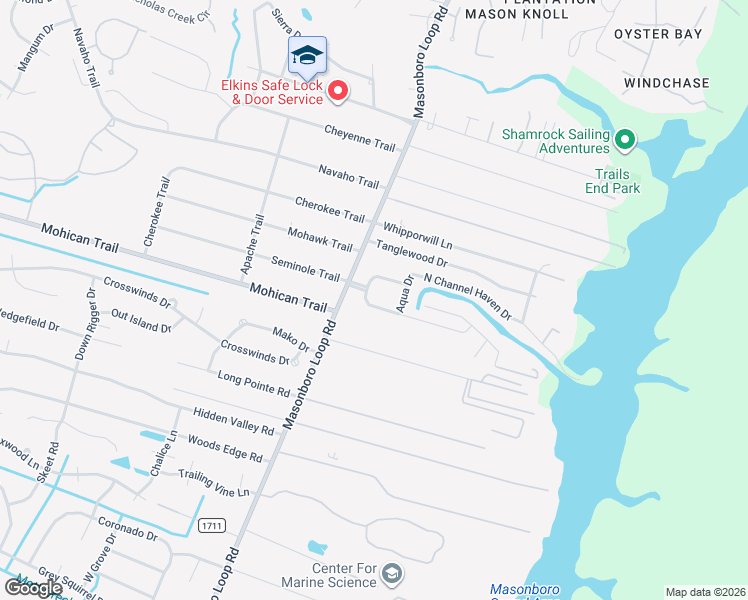 map of restaurants, bars, coffee shops, grocery stores, and more near 115 Channel Haven Dr S in Wilmington