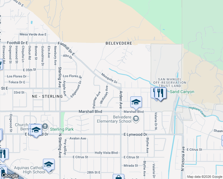 map of restaurants, bars, coffee shops, grocery stores, and more near 5606 Dumbarton Avenue in San Bernardino