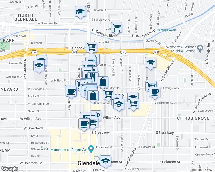map of restaurants, bars, coffee shops, grocery stores, and more near 400 South Louise Street in Glendale