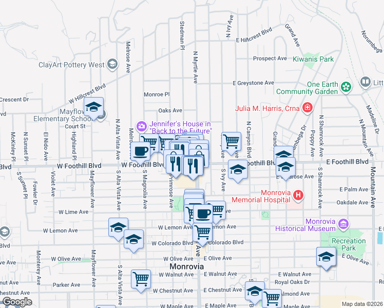 map of restaurants, bars, coffee shops, grocery stores, and more near 115 North Myrtle Avenue in Monrovia