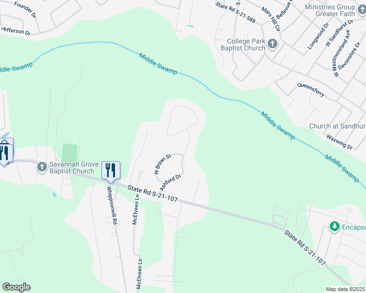 map of restaurants, bars, coffee shops, grocery stores, and more near 2125 Ashford Drive in Effingham