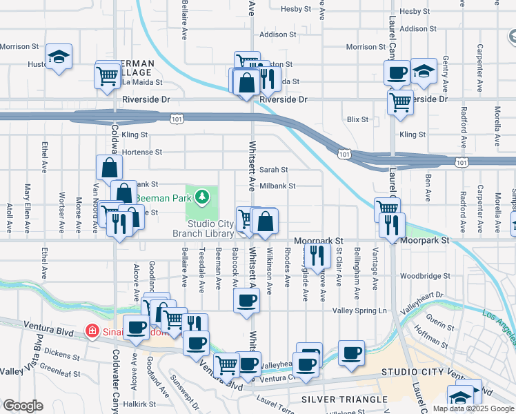 map of restaurants, bars, coffee shops, grocery stores, and more near 4500 Whitsett Avenue in Los Angeles