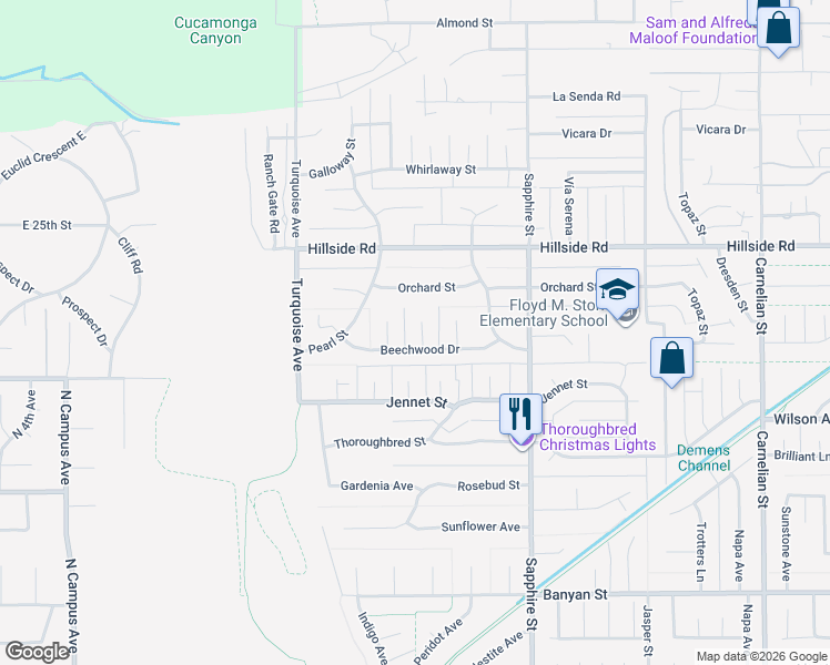 map of restaurants, bars, coffee shops, grocery stores, and more near 5642 Carol Avenue in Rancho Cucamonga
