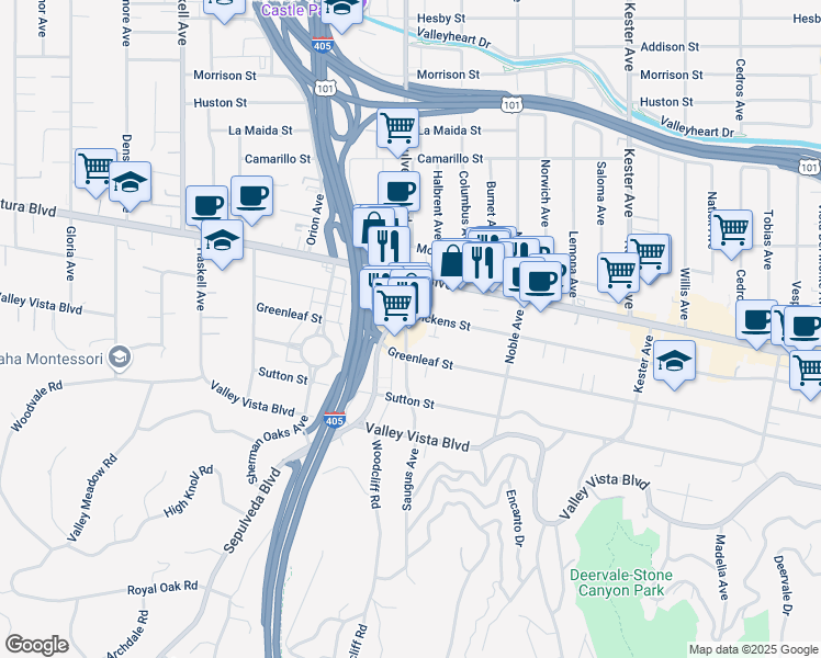 map of restaurants, bars, coffee shops, grocery stores, and more near 4528 Saugus Avenue in Los Angeles