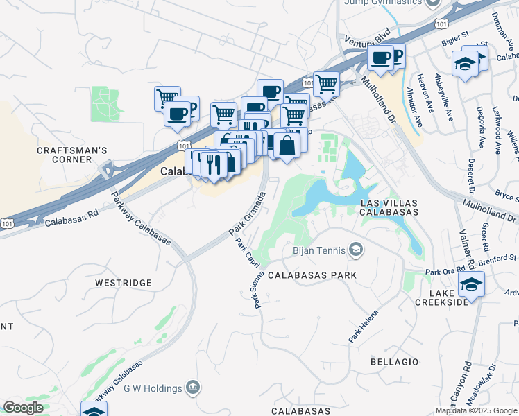 map of restaurants, bars, coffee shops, grocery stores, and more near 4666 Park Granada in Calabasas