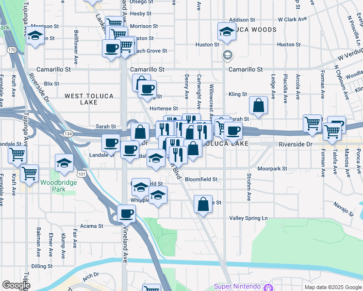 map of restaurants, bars, coffee shops, grocery stores, and more near 10738 Riverside Drive in Los Angeles