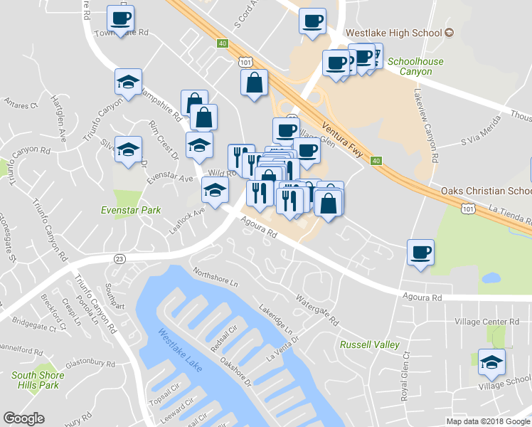 map of restaurants, bars, coffee shops, grocery stores, and more near 1014 South Westlake Boulevard in Westlake Village