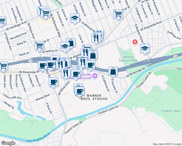 map of restaurants, bars, coffee shops, grocery stores, and more near 3400 Angeles River, Los in Burbank