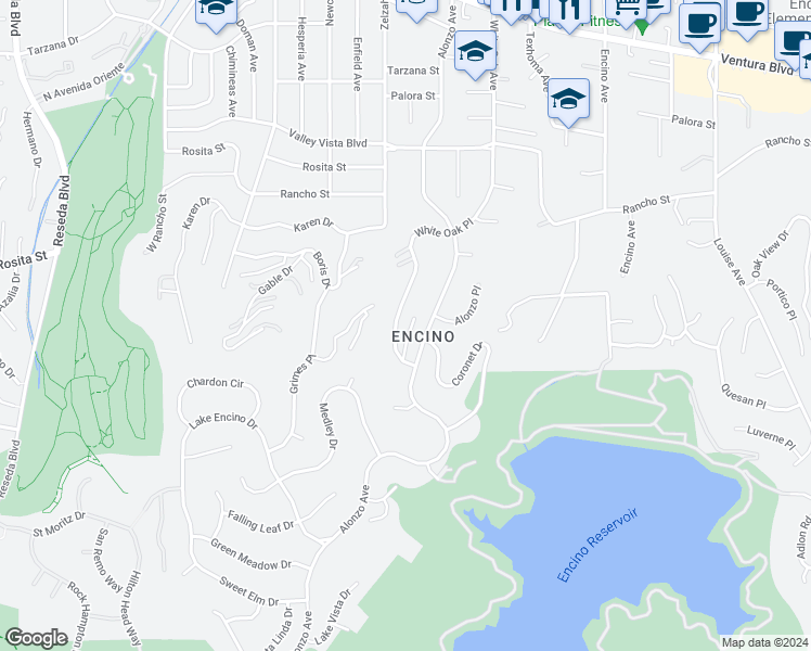 map of restaurants, bars, coffee shops, grocery stores, and more near 4512 White Oak Place in Los Angeles