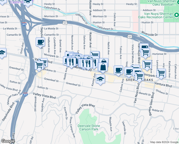 map of restaurants, bars, coffee shops, grocery stores, and more near 14900 Ventura Boulevard in Los Angeles