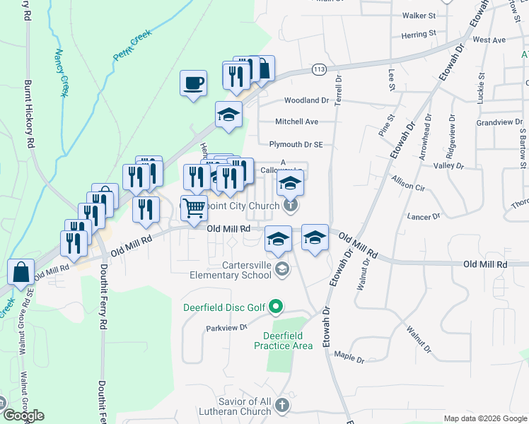 map of restaurants, bars, coffee shops, grocery stores, and more near 17 Greenway Ln in Cartersville