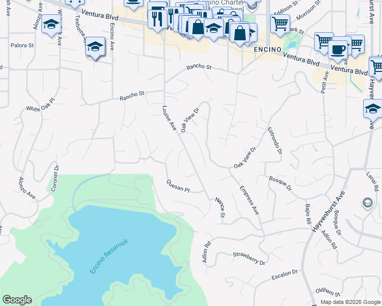 map of restaurants, bars, coffee shops, grocery stores, and more near 4472 Louise Avenue in Los Angeles