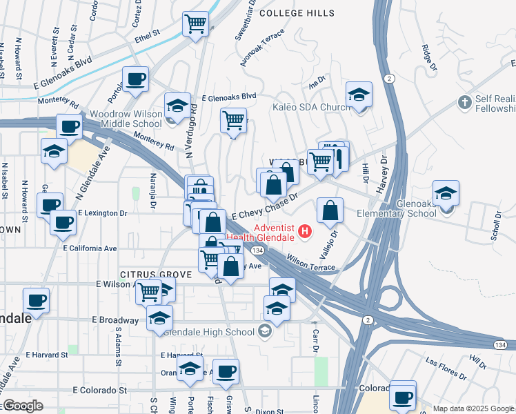 map of restaurants, bars, coffee shops, grocery stores, and more near 1479 East Chevy Chase Drive in Glendale