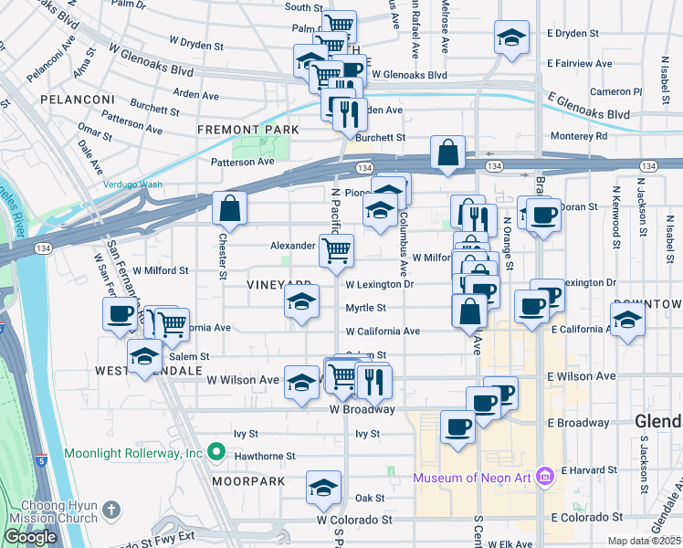 map of restaurants, bars, coffee shops, grocery stores, and more near 408 North Pacific Avenue in Glendale