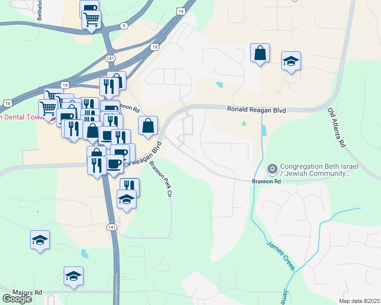 map of restaurants, bars, coffee shops, grocery stores, and more near 3610 Faulkner Street in Cumming