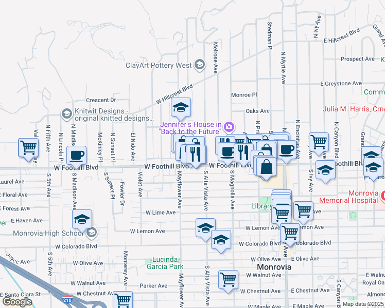 map of restaurants, bars, coffee shops, grocery stores, and more near 426 Concord Avenue in Monrovia