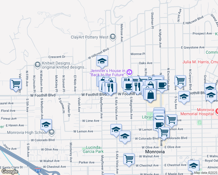 map of restaurants, bars, coffee shops, grocery stores, and more near 426 Concord Avenue in Monrovia
