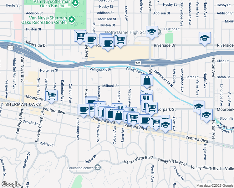 map of restaurants, bars, coffee shops, grocery stores, and more near 4461 Stern Avenue in Los Angeles