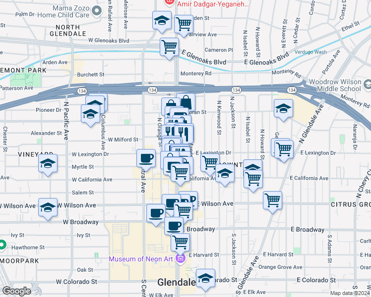 map of restaurants, bars, coffee shops, grocery stores, and more near 499 N Maryland Ave in Glendale