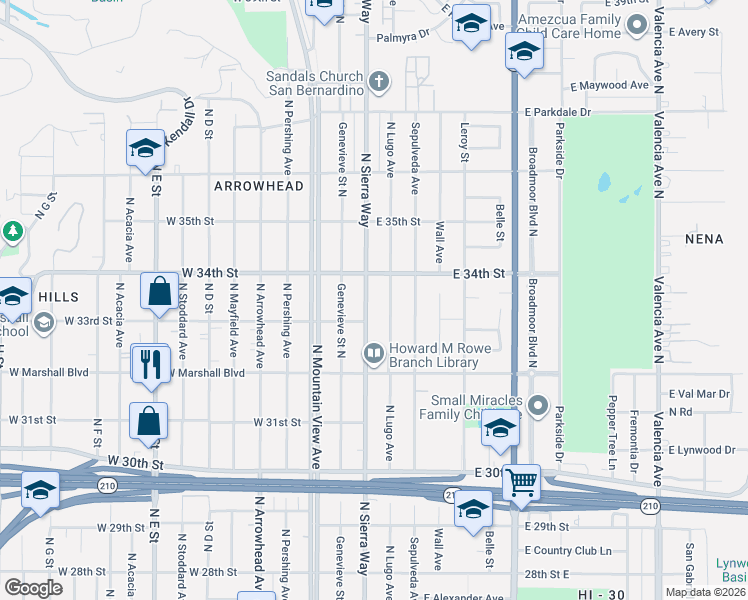 map of restaurants, bars, coffee shops, grocery stores, and more near 3331 North Sierra Way in San Bernardino