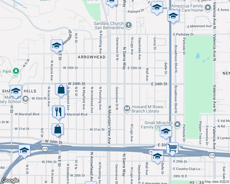 map of restaurants, bars, coffee shops, grocery stores, and more near 3344 Genevieve Street North in San Bernardino