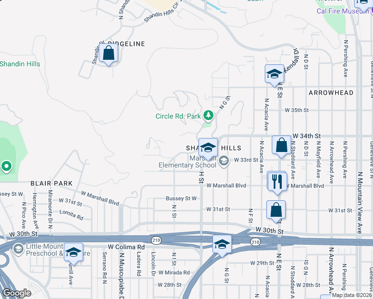 map of restaurants, bars, coffee shops, grocery stores, and more near 828 West Edgehill Road in San Bernardino