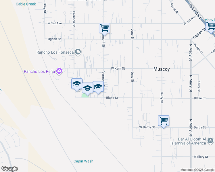 map of restaurants, bars, coffee shops, grocery stores, and more near 3083 Vermont Street in Muscoy