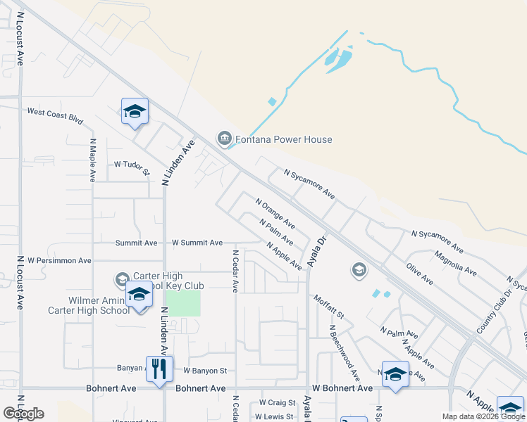 map of restaurants, bars, coffee shops, grocery stores, and more near 2974 North Orange Avenue in Rialto