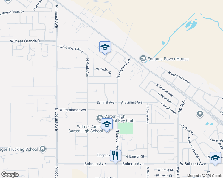 map of restaurants, bars, coffee shops, grocery stores, and more near 2878 North Ironwood Avenue in Rialto