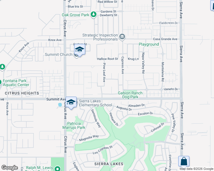 map of restaurants, bars, coffee shops, grocery stores, and more near 5618 Lancewood Court in Fontana