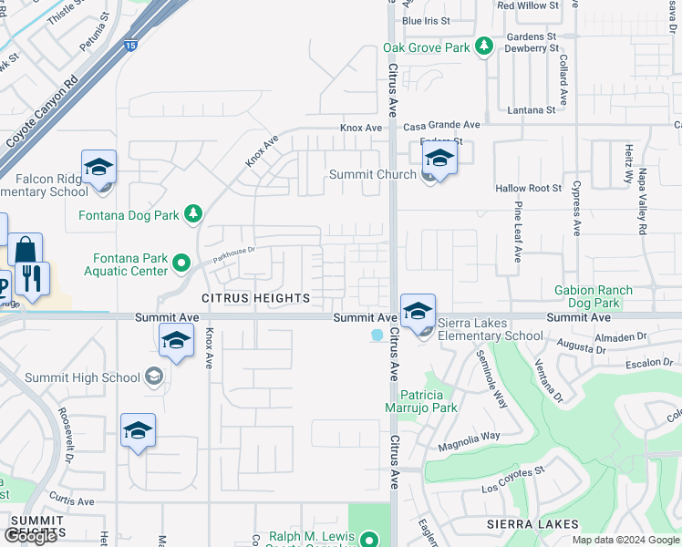 map of restaurants, bars, coffee shops, grocery stores, and more near 5604 Altamura Way in Fontana