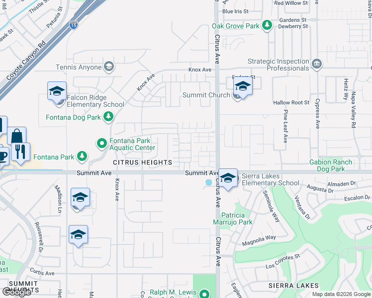 map of restaurants, bars, coffee shops, grocery stores, and more near 5560 Kate Way in Fontana