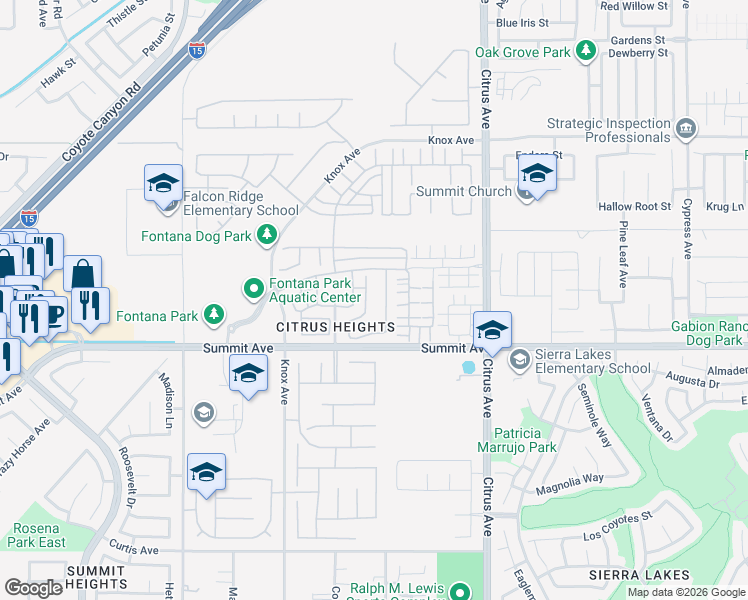 map of restaurants, bars, coffee shops, grocery stores, and more near 5608 Galasso Avenue in Fontana