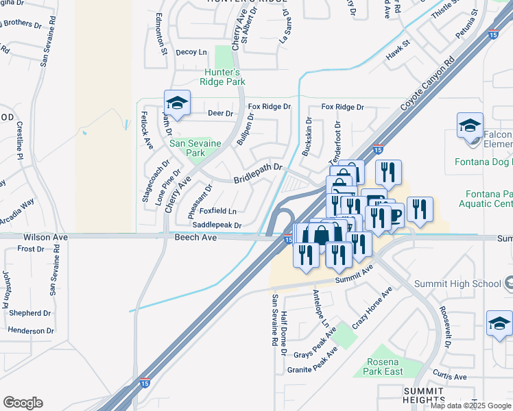 map of restaurants, bars, coffee shops, grocery stores, and more near 5616 Horseshoe Way in Fontana